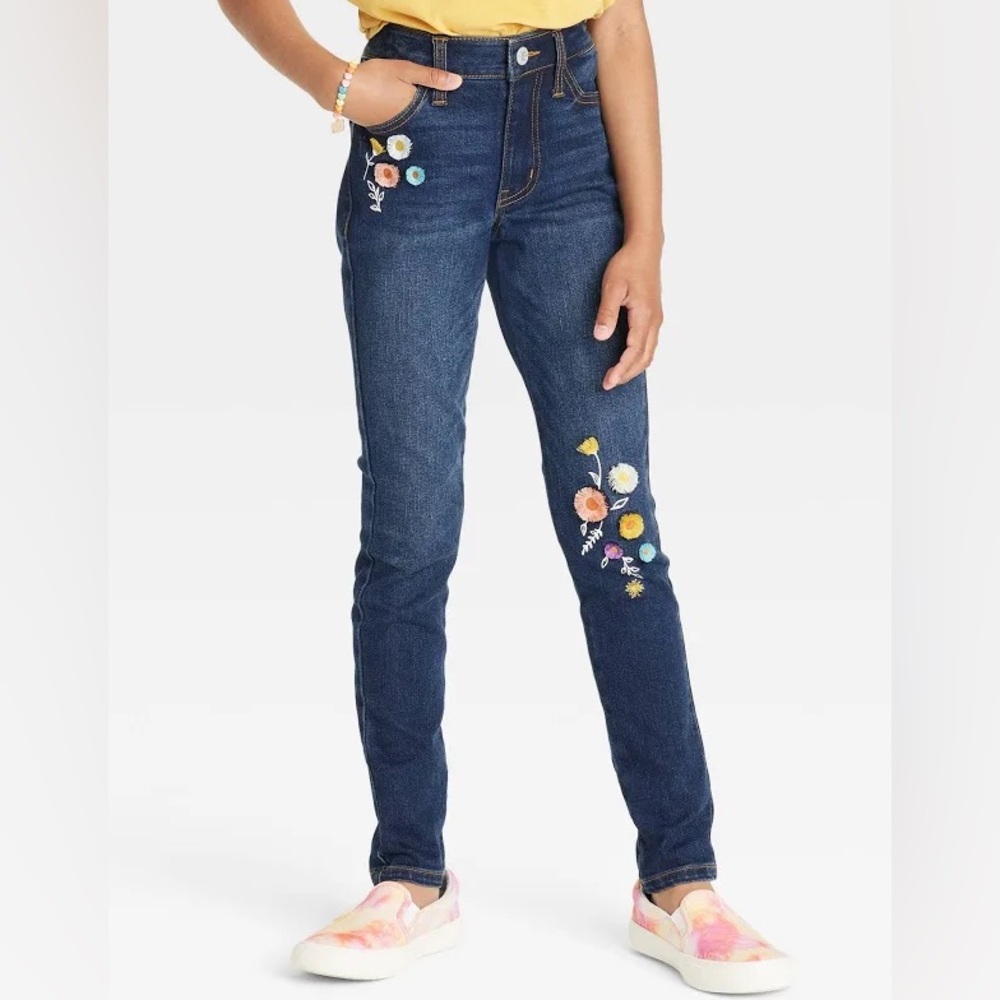 Cat & Jack Girls’ mid rise flower embroidered skinny jeans dark wash size 7